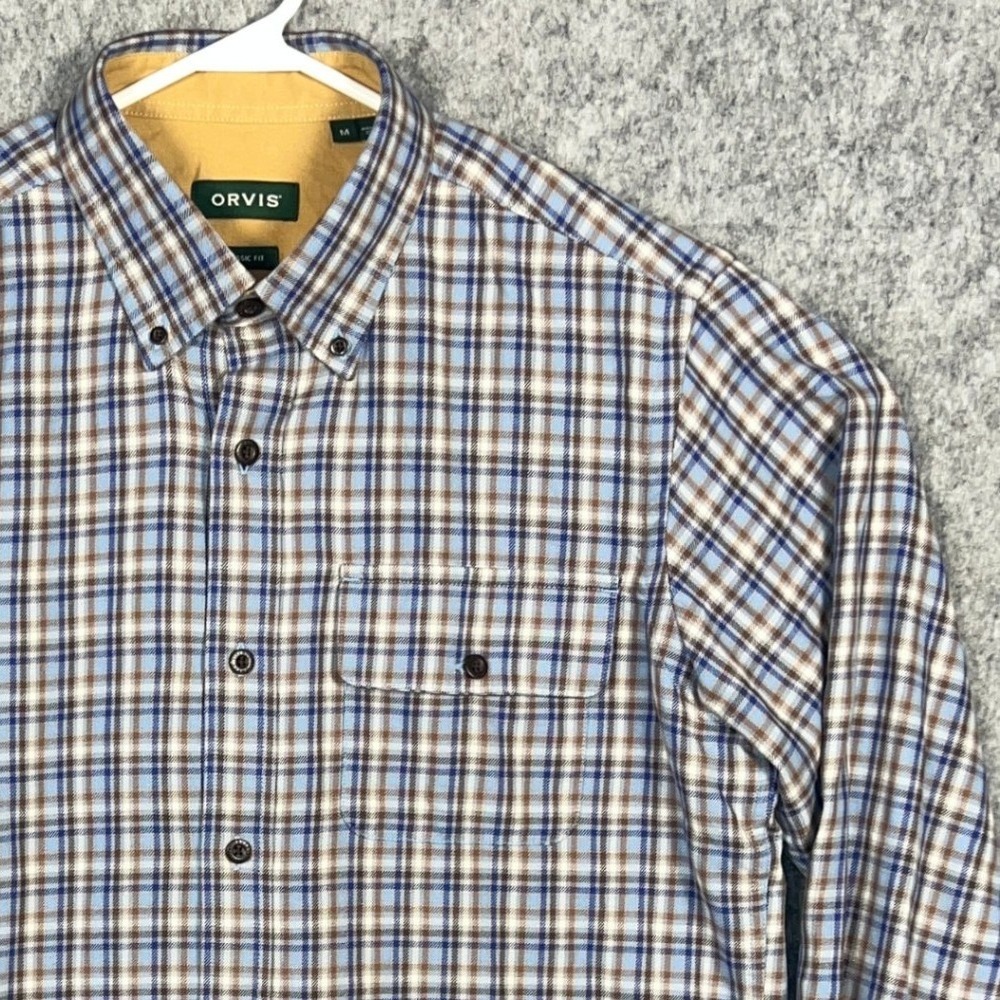 Orvis Men's Classic Fit Plaid Button Down Shirt Blue Brown Cotton Size Medium